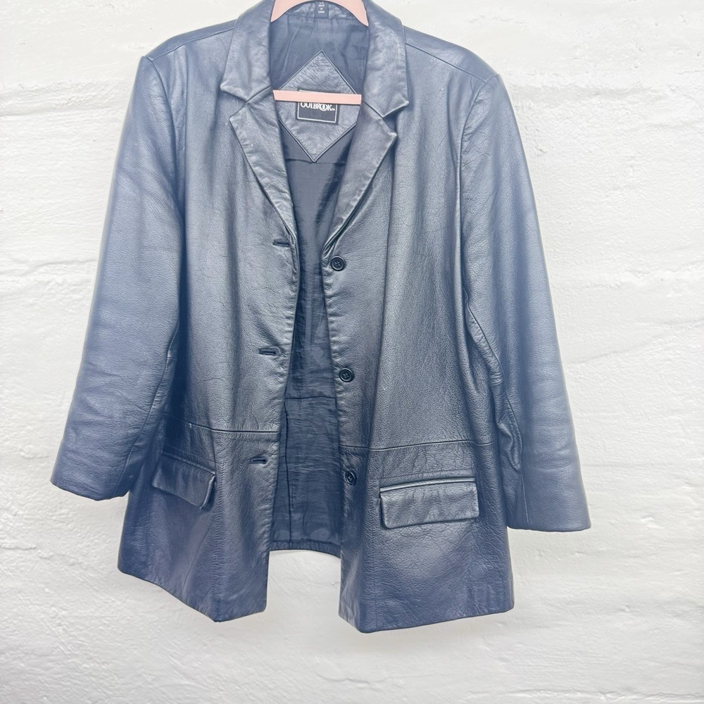 Vintage Outbrook Black Leather Coat 4 Button Blazer Jacket Size Large  90s Y2K